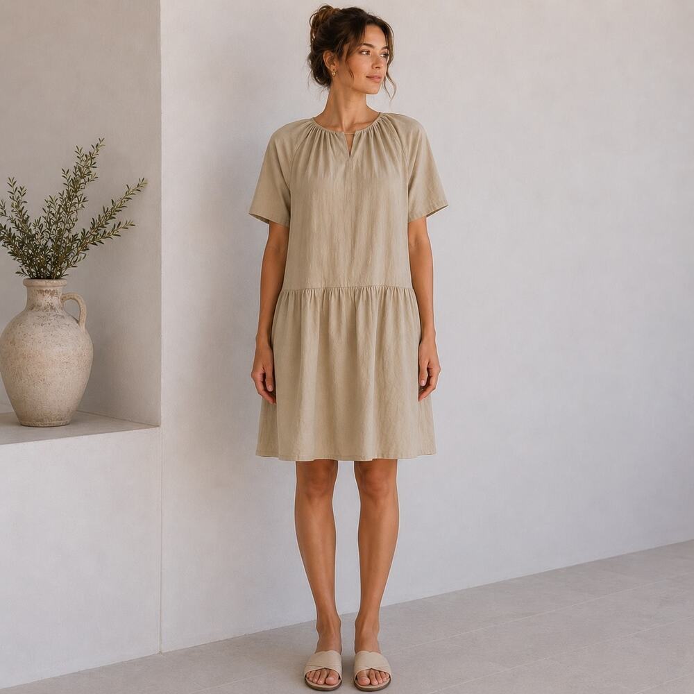 Cos Tan Beige Oversized Tiered Over Knee Short Sleeve Dress Women’s 4
